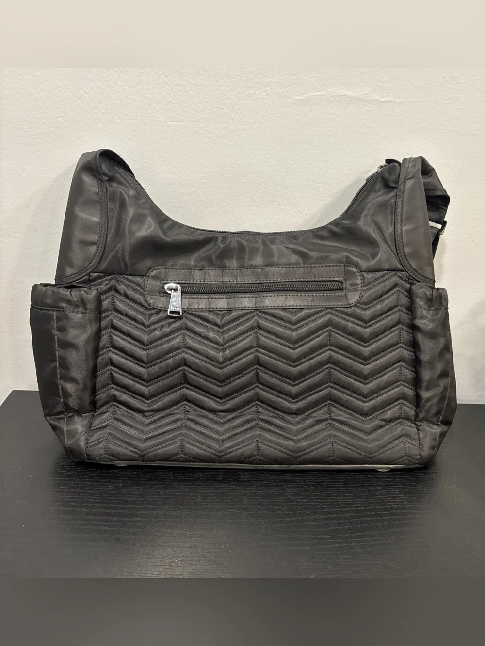 lug Quilted Chevron Messenger Bag - Black camper crossbody travel purse